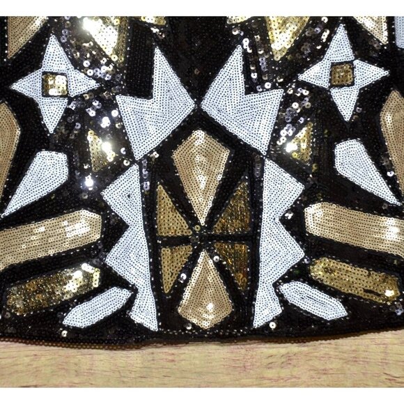 NWT Main Strip Full Sequin Black Gold Geometric Mini Skirt Size L Sexy Night Out - Picture 2 of 11